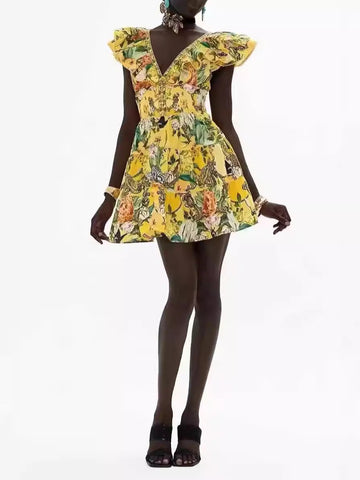 Lady Holiday Style Sexy V Collar Leaves With No Sleeves To Close The Waist Thin Yellow Print A-Shaped Dress Skirt